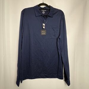 NWT Kenneth Cole Awearness Mens Long Sleeve Polo Shirt‎ Pocket XL Navy Slim Fit